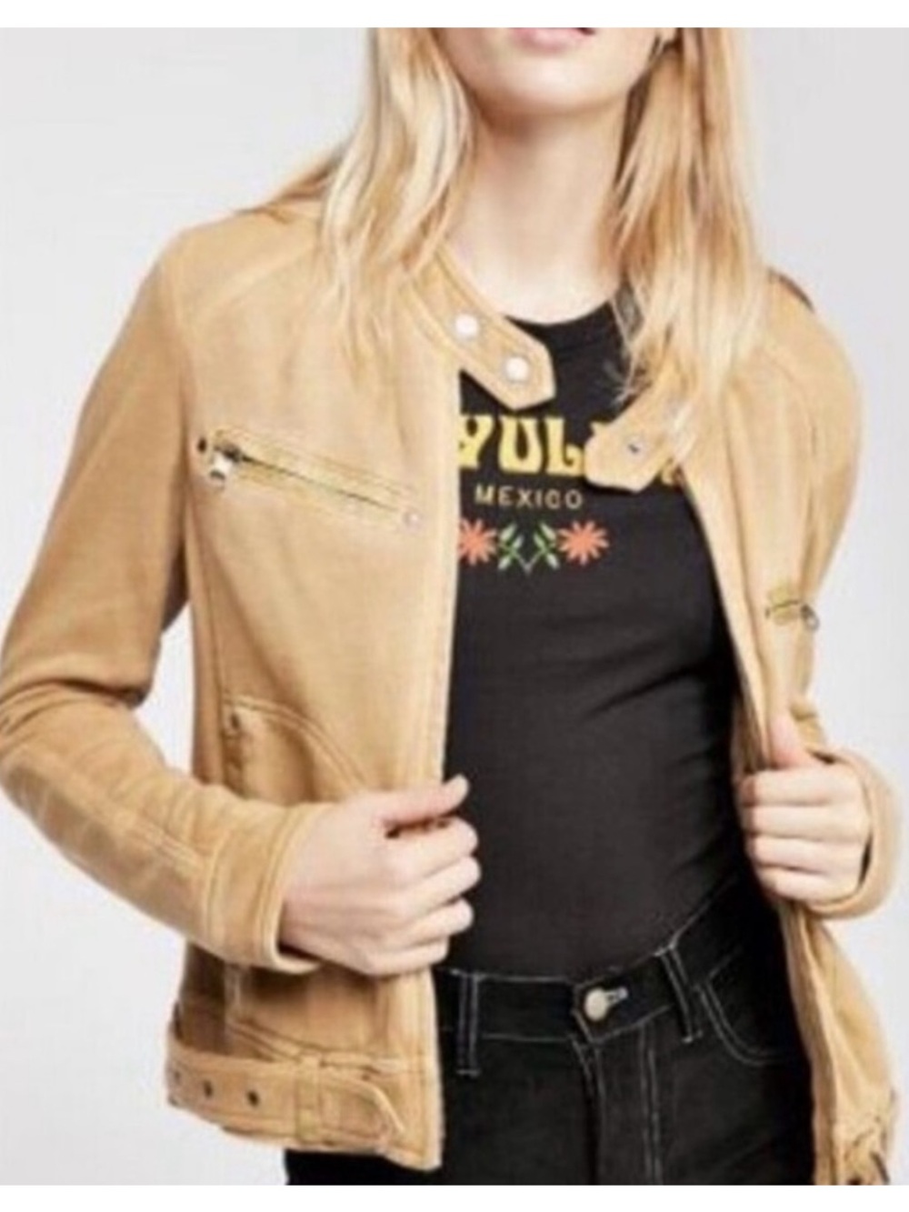 Free People Women’s Tan Corduroy Moto Jacket - Casual Biker Style Size L